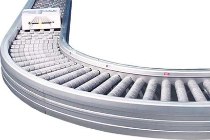 curva del trasportatore a rulli, automazioni e distribuzioni di magazzino, smistatori per piccole e grandi scatole, nuova tecnologia intralogistica